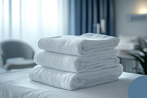 A neatly stacked pile of fluffy white towels in a serene hotel room setting, en, a Background Photo by ImageMir