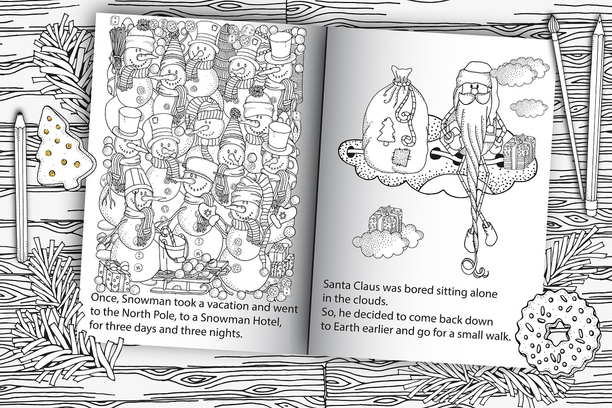 Santa and Snowman. Coloring book, an Illustration by ImHope (Photo 3 of 8)