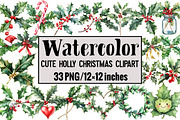 Cute Holly Christmas Clipart, an Illustration by Design Market (Thumbnail 1 of 3)