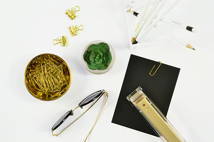 Black white modern desk flat lay containing styled stock photo, flat lay, a Business Photo by Pixistock