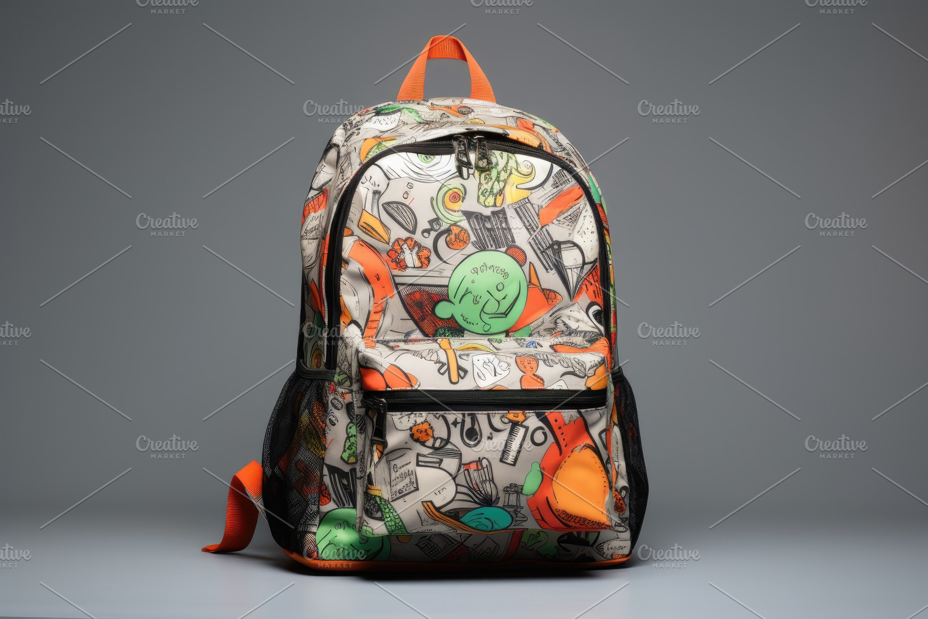 Backpack with drawings on a gray bac, a Photo by Iftikhar Alam