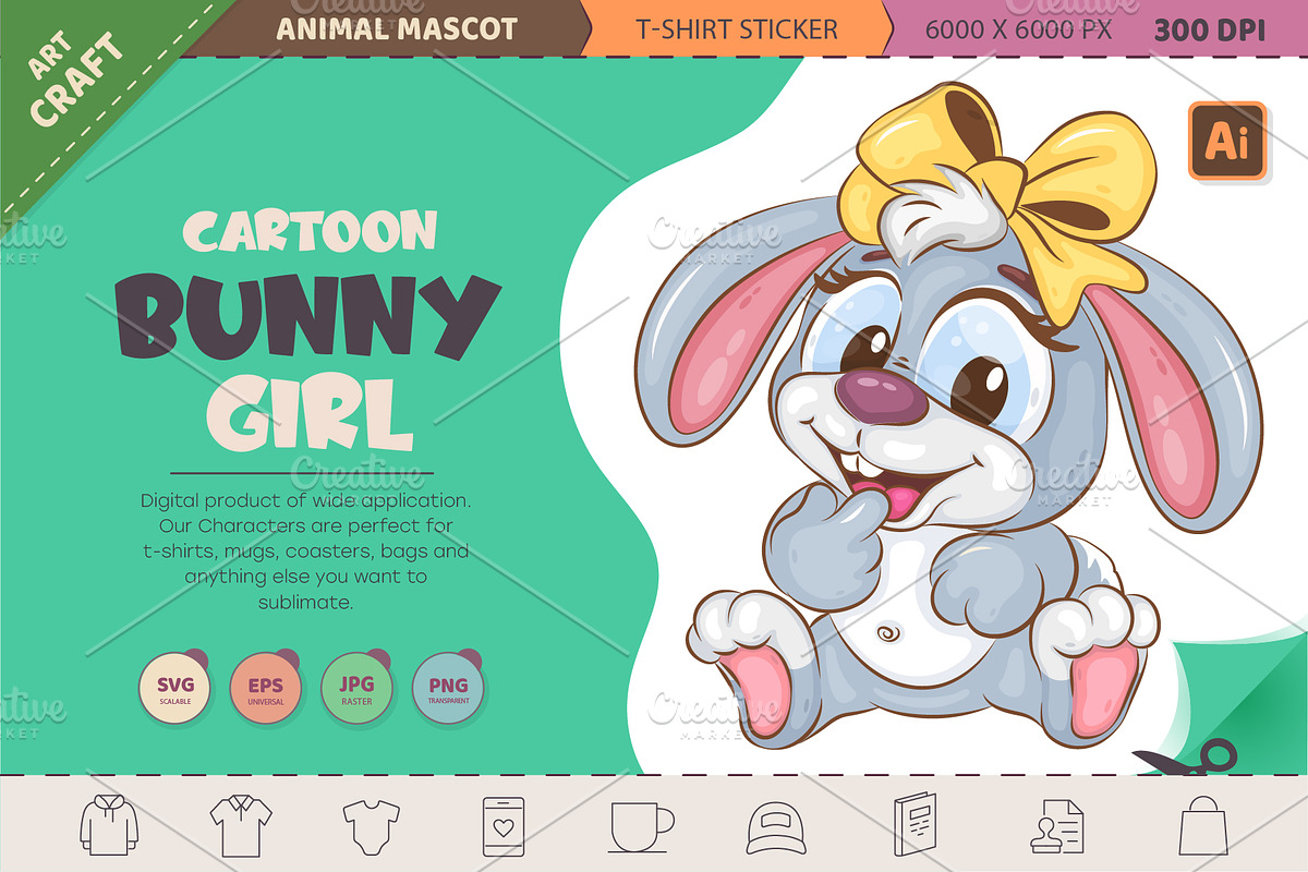Cartoon Bunny girl. T-Shirt, PNG, an Animal Illustration by KENO Mascots (Photo 1 of 3)