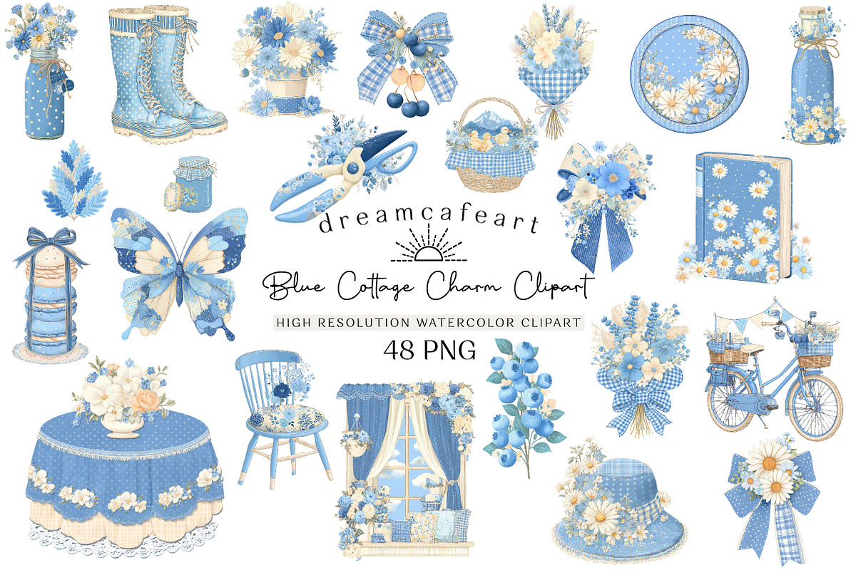 Blue Cottage Charm Clipart Set, an Illustration by DreamCafeArt (Photo 1 of 6)