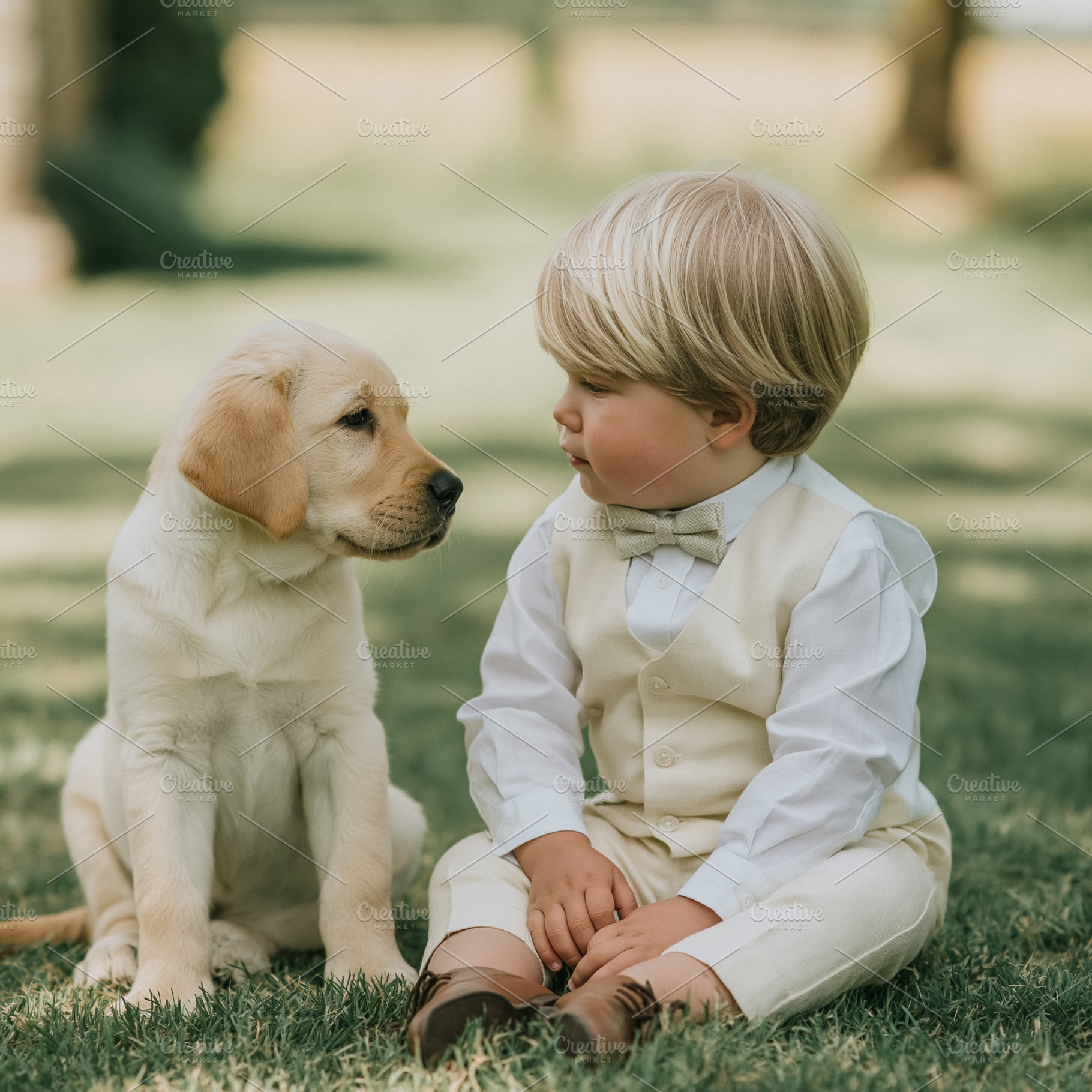 Toddler boy in suit vest and bow tie sitting on grass looking at, a Person Photo by Studio ANNA