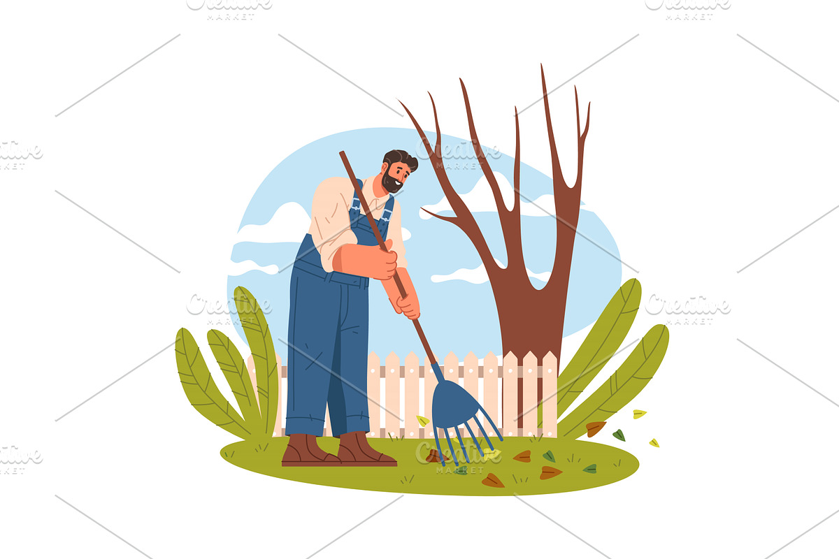 Gardener sweeping leaves at yard, an Illustration by Elegant Solution