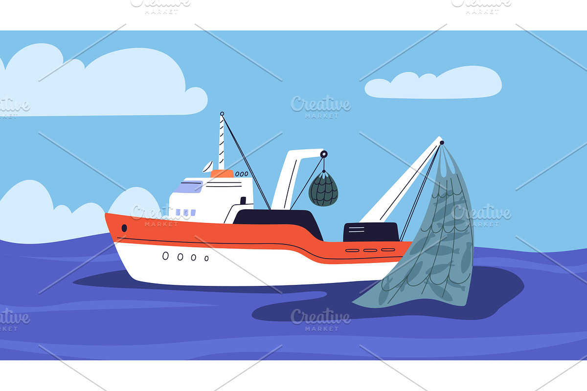 Fishing ship catches fish in ocean, a Transportation Illustration by Vectorbuum