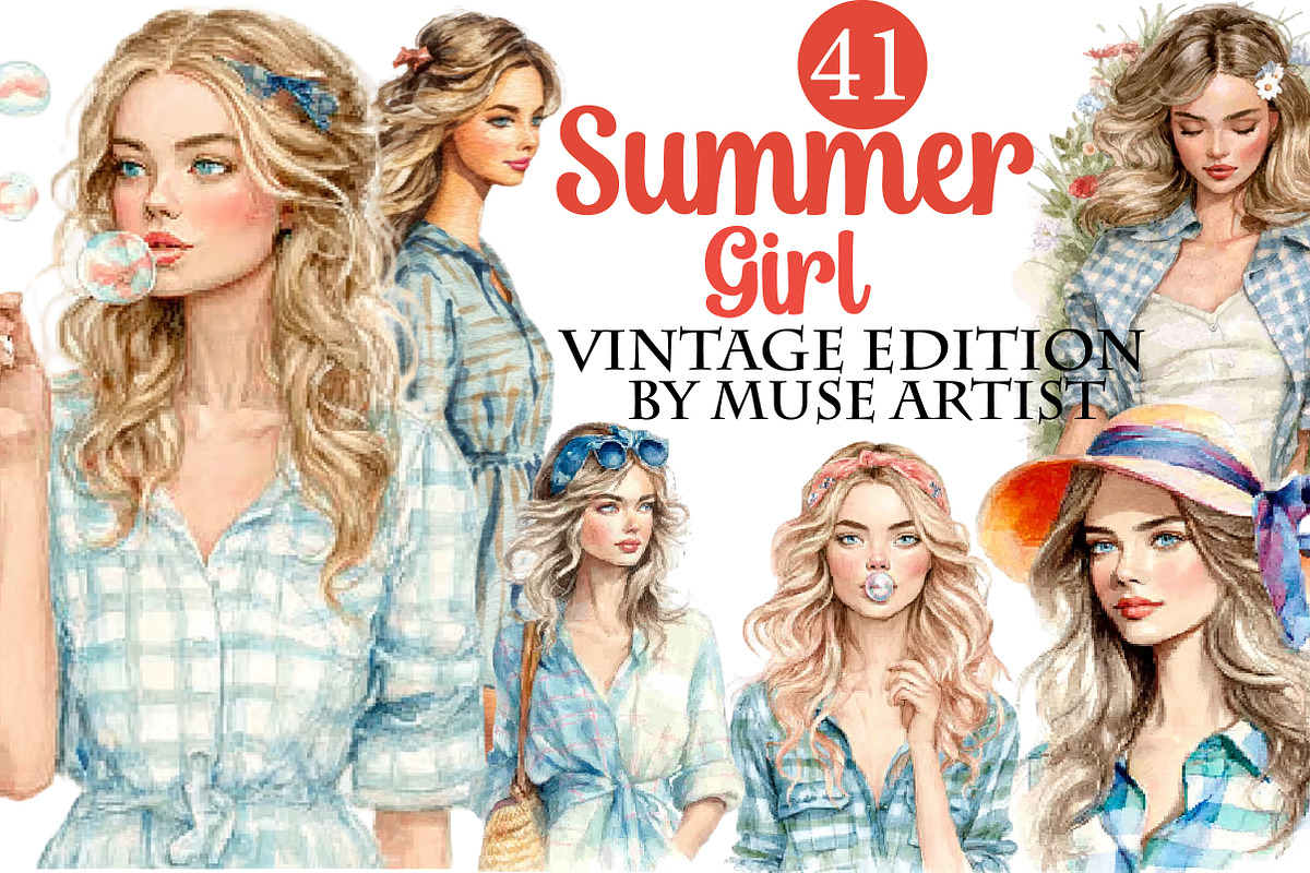 Watercolor Summer Girl Clipart Bundl, an Illustration by DreamArtGraphic (Photo 1 of 8)