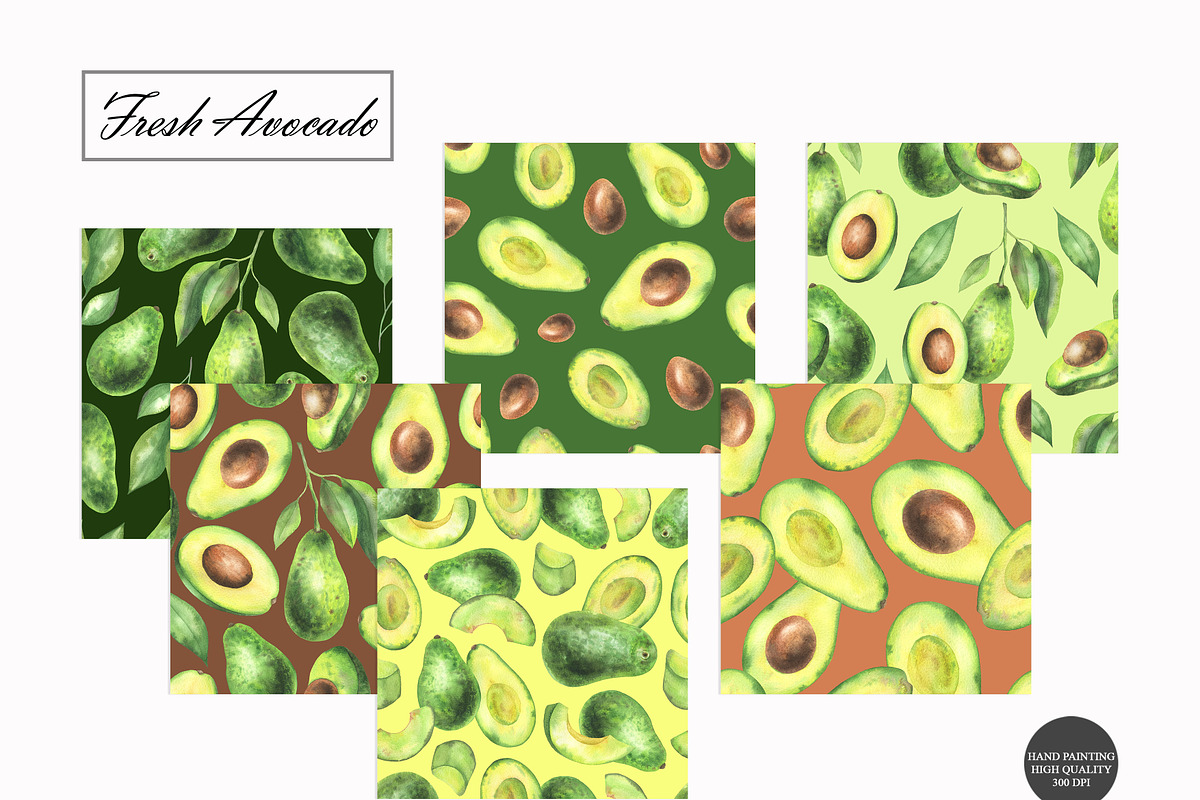 Watercolor Avocado Seamless Patterns, a Food Illustration by OlDm_Shop (Photo 2 of 10)