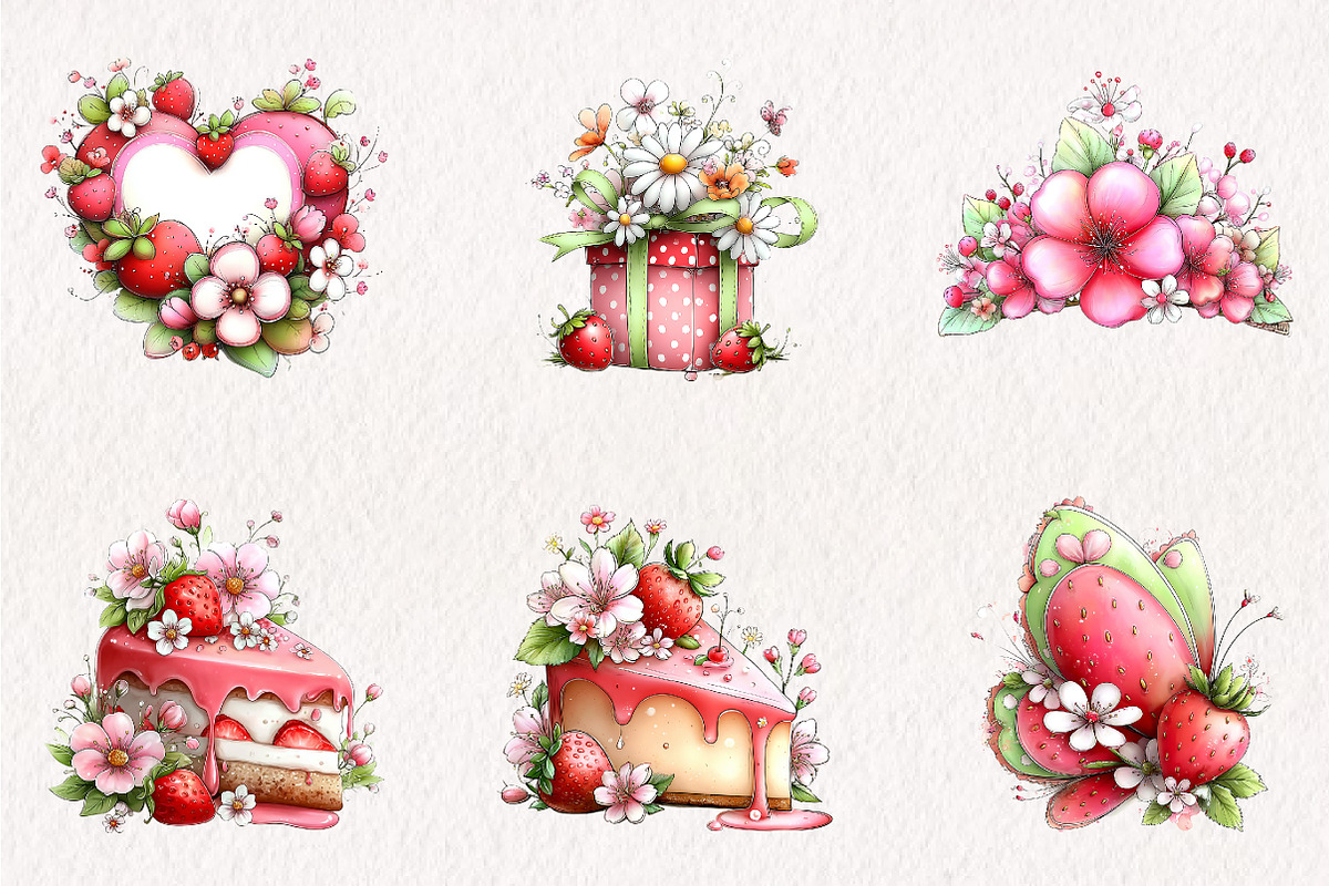 Whimsical Spring Strawberry Clipart, an Illustration by CreationArt (Photo 3 of 10)