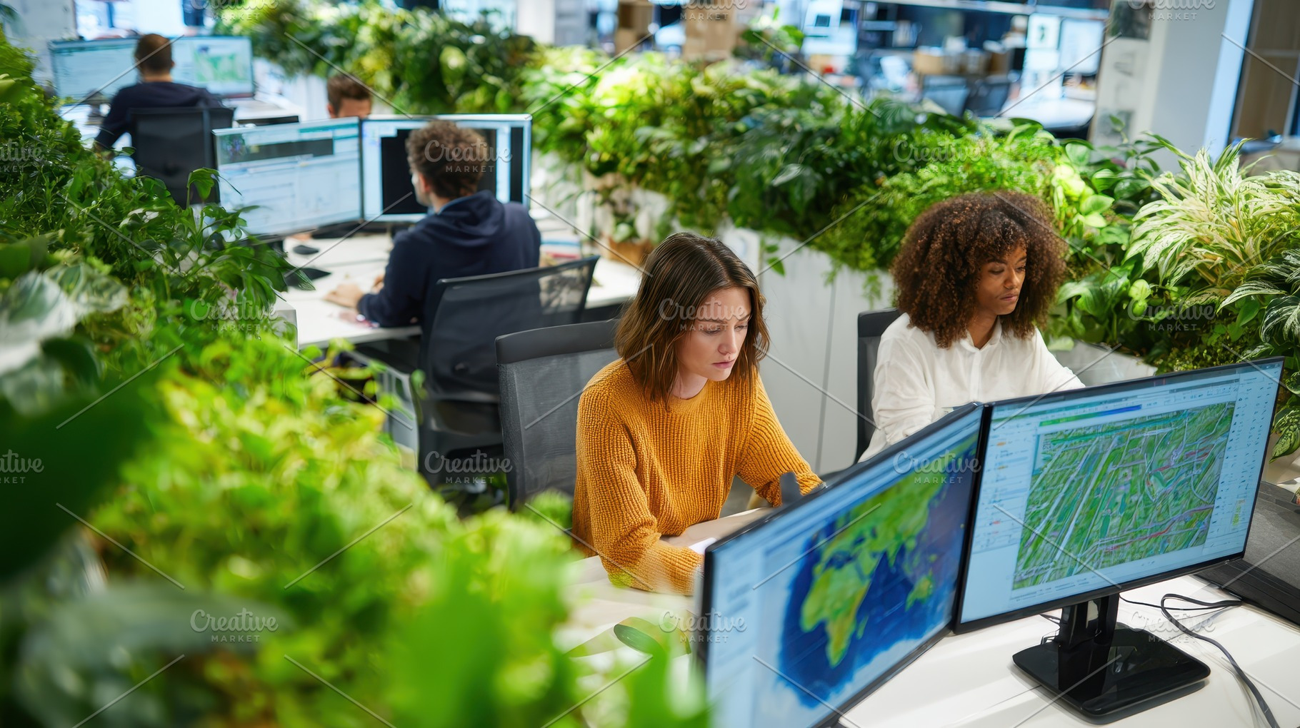 Green Office Women Working on Comput, a Photo by Pixeness Studio