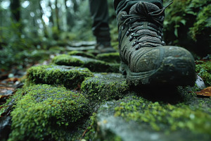 Hiking Boots on Mossy Stones Forest, a Photo by Pixeness Studio
