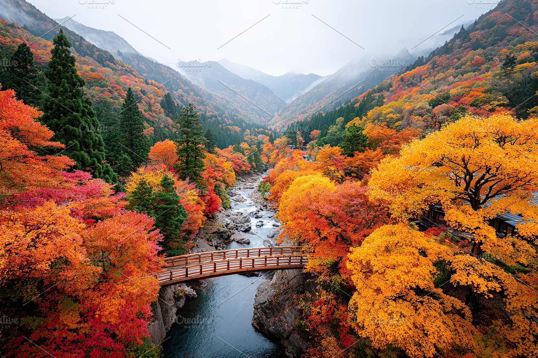 Autumn colors in a serene valley with a wooden bridge and flowing river at dawn, a Photo by AlyaAnd
