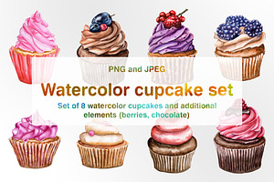 Set of watercolor cupcakes