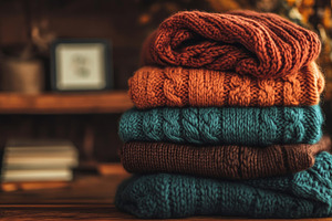 Cozy Folded Knitted Sweaters in Warm Autumn Colors, an Abstract Photo by Natalia Klenova's Shop