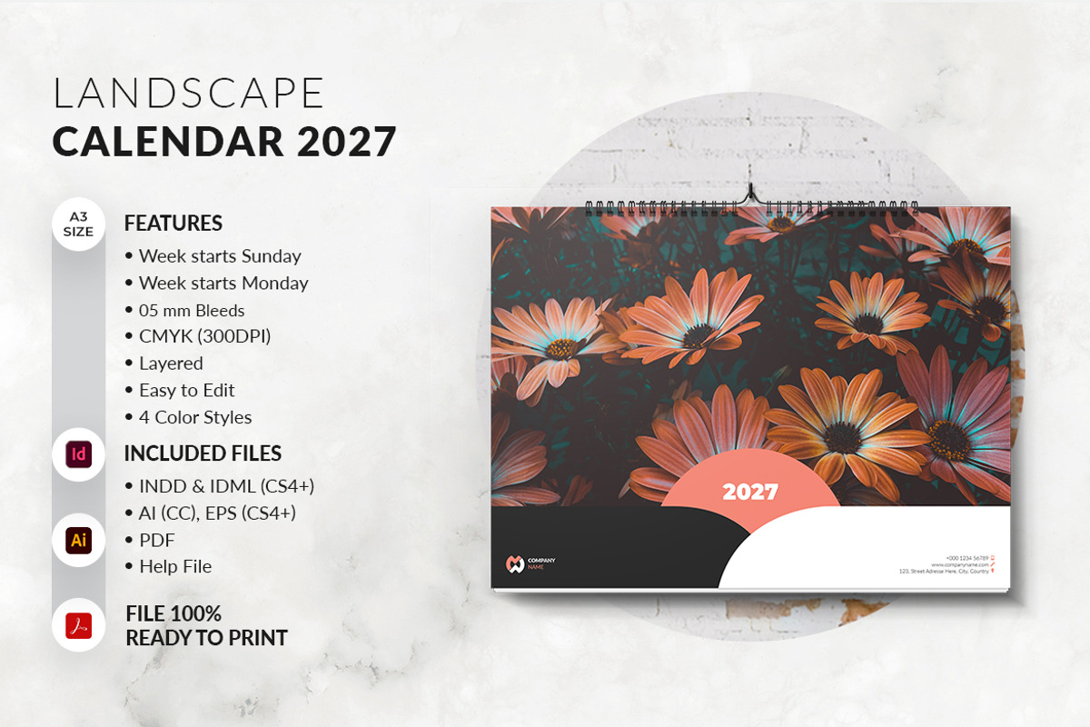 A3 Landscape Calendar 2027 Printable, a Stationery Template by MstArtwork (Photo 6 of 6)