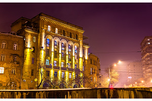 Buildings in the city centre of yerevan containing yerevan, armenia, and night, an Architecture Photo by Leonid Andronov