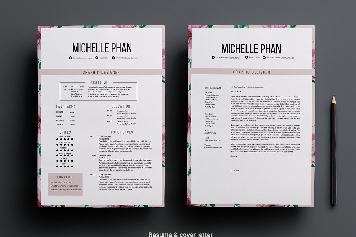 Floral 1 page resume template, a Resume Template by Chic templates (Photo 2 of 4)
