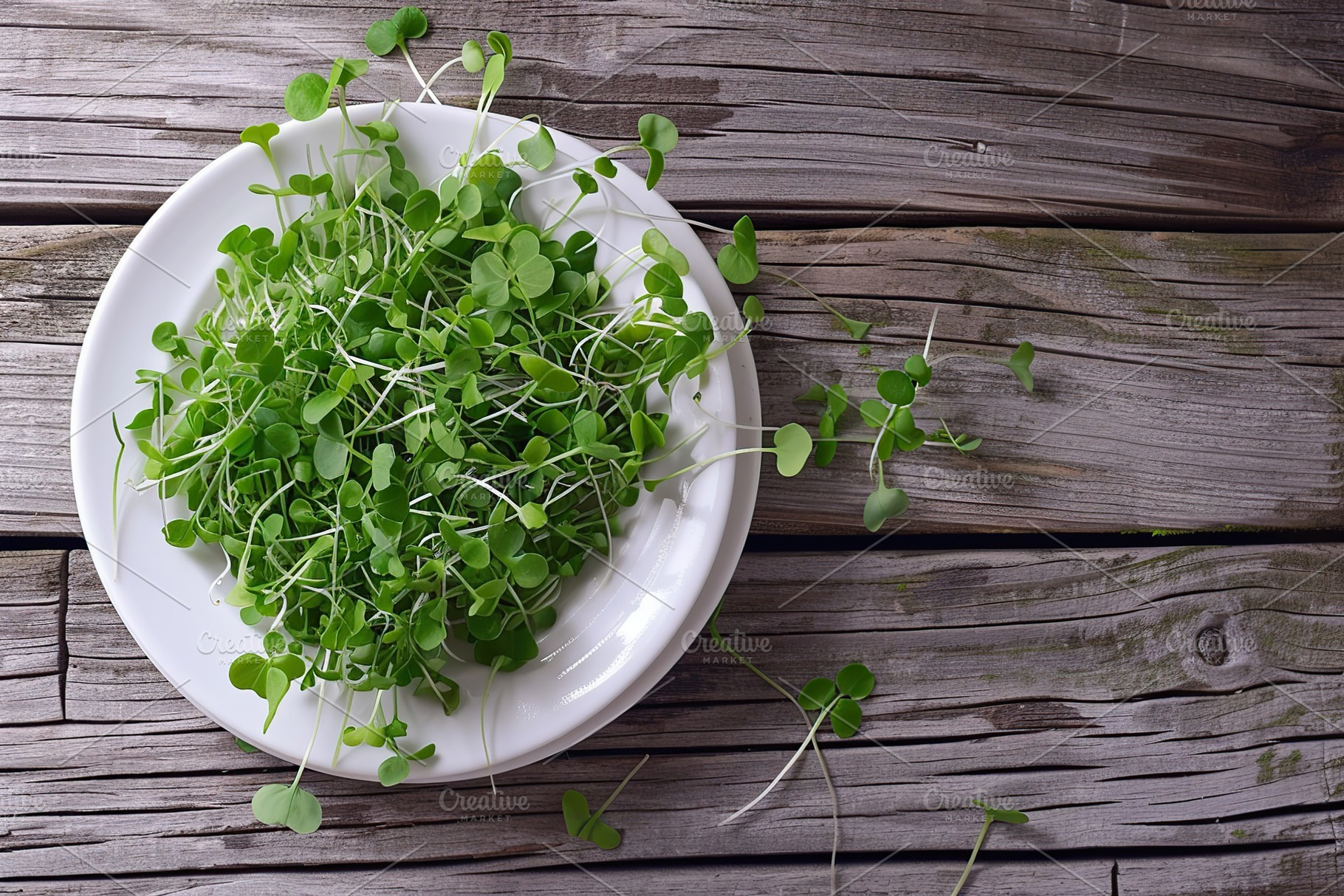 Microgreen broccoli in plate on wooden background, a Food & Drink Photo by AlyaAnd