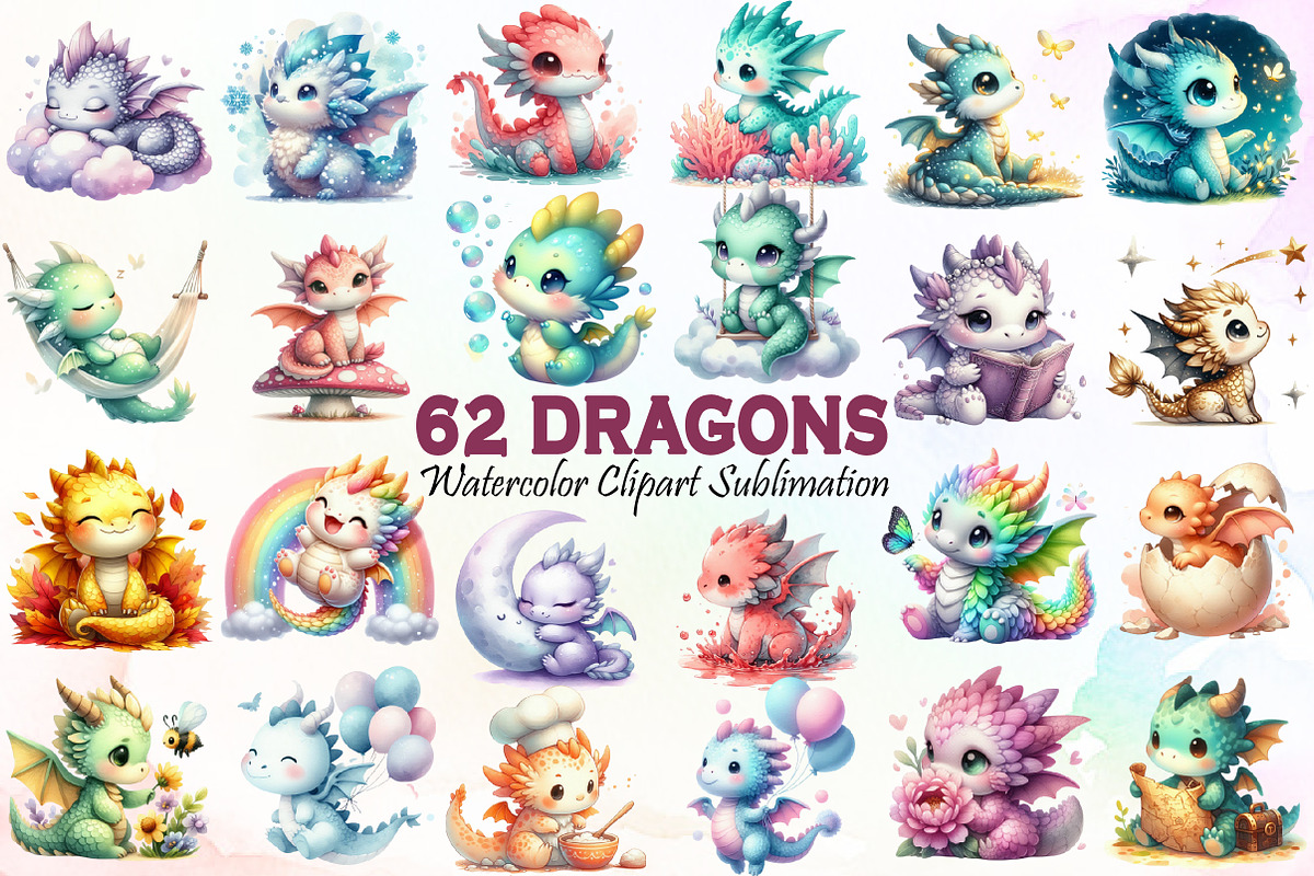 Dragons Watercolor Clipart Sublimati, an Illustration by Sublimation Artist (Photo 1 of 6)