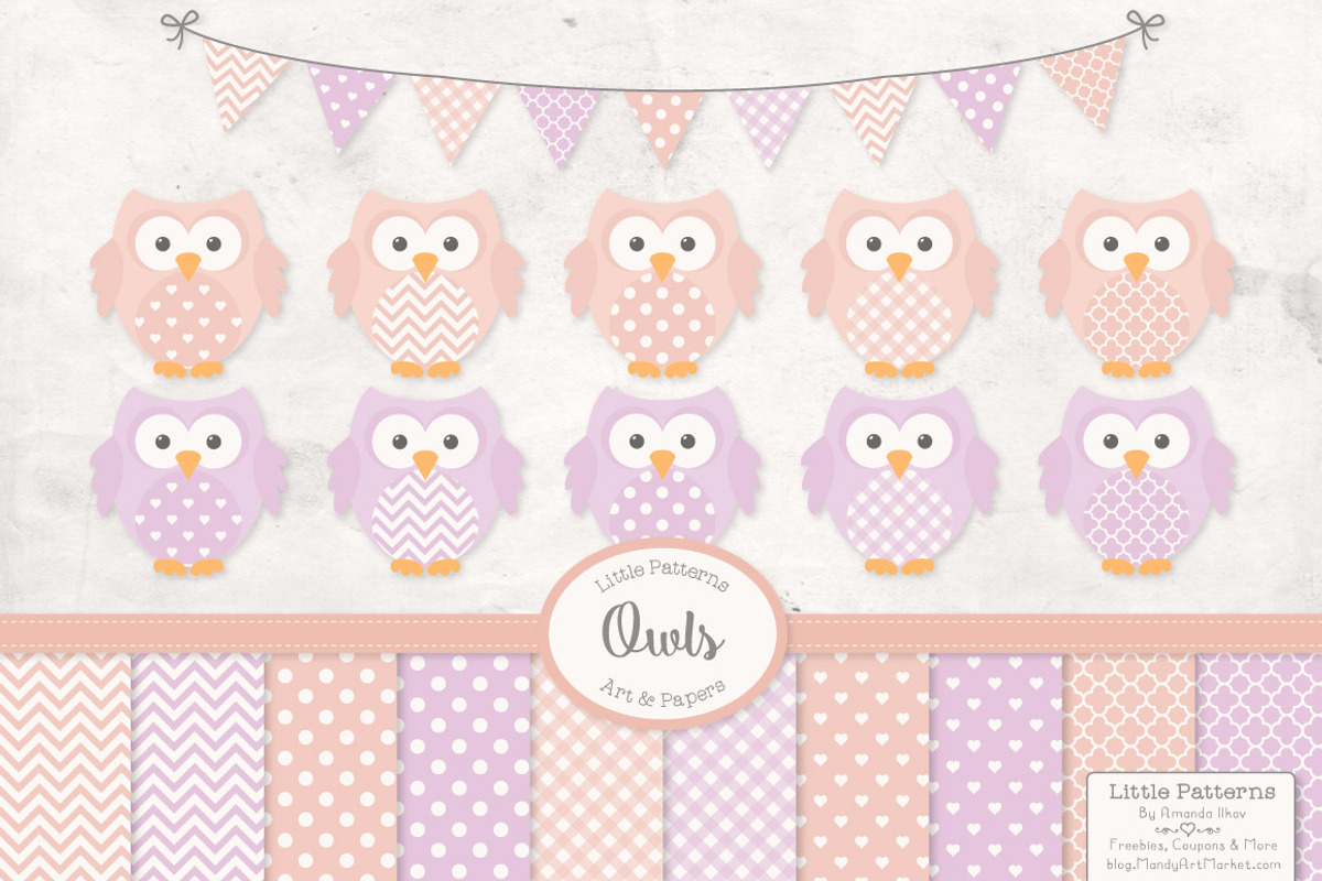 Girls Pastel Owl and Pattern Set, an Animal Illustration by Amanda Ilkov (Photo 1 of 3)