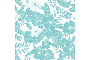 Vector light blue drawing tropical summer hawaiian seamless pattern with tropical plants, leaves, and hibiscus flowers. Great for vacation themed fabric, wallpaper, packaging.