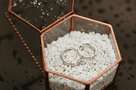 wedding rings in a glass box on a tablу, a Person Photo by Weddings, People, Travel