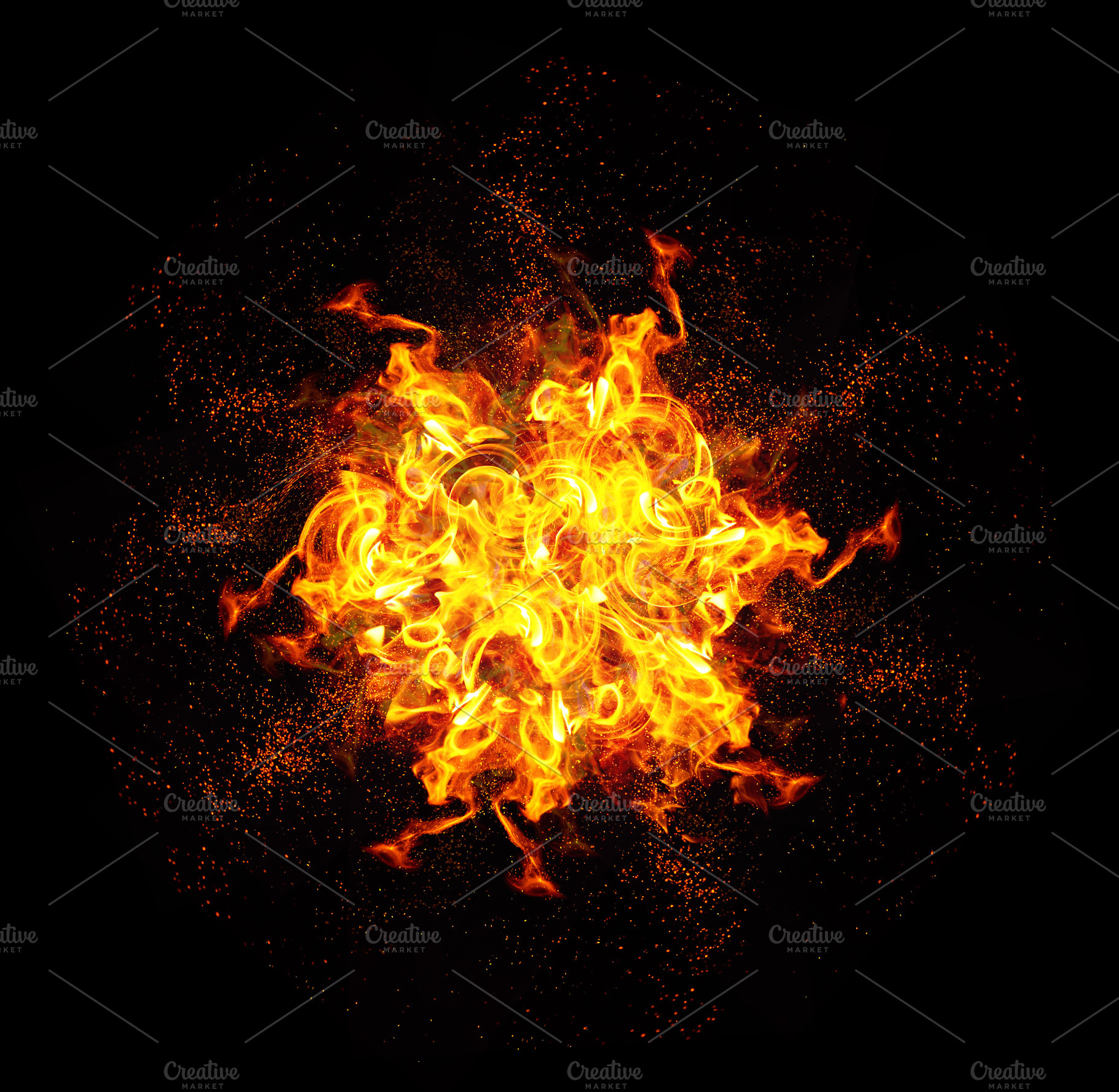 A bright, symmetrical fire explosion with intense yellow and ora, an Abstract Photo by ndanko