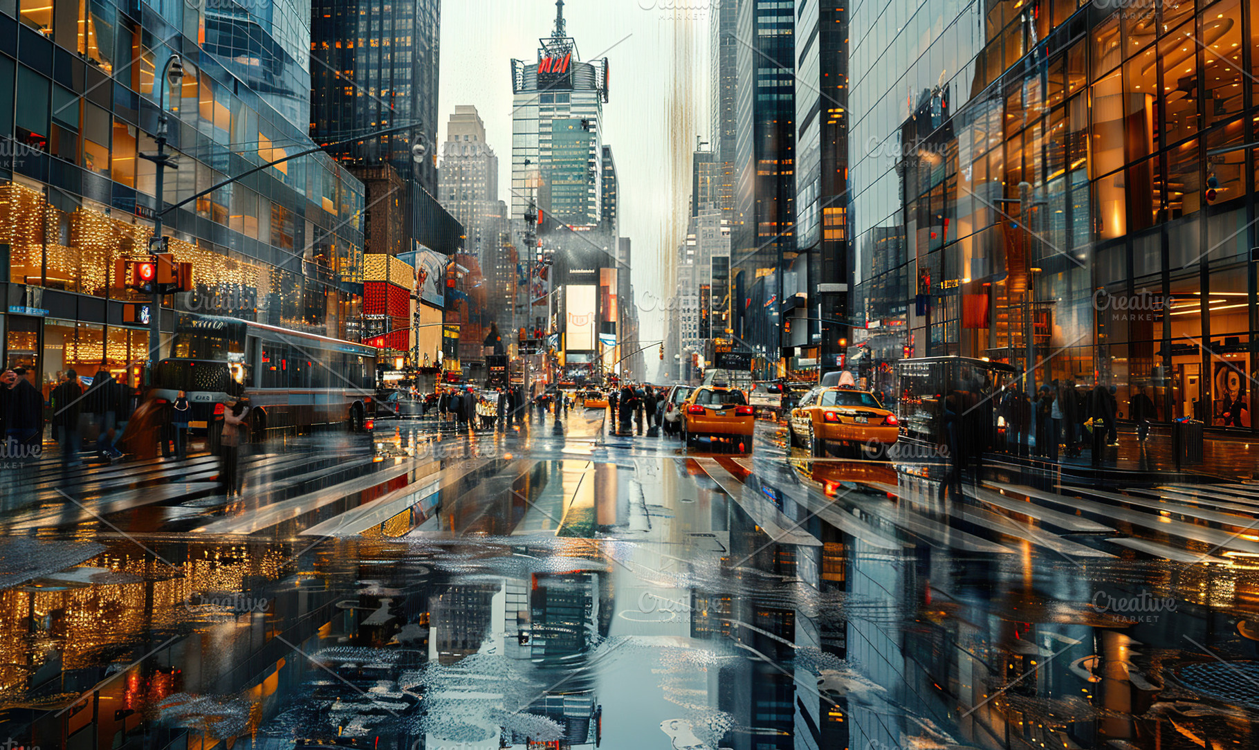 Evening downpour in a bustling city, a Photo by LOGOCREATIVE