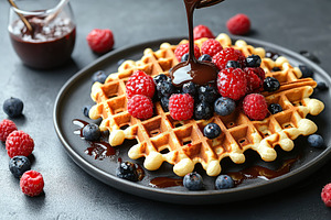 Delicious waffles topped with fresh berries and melted chocolate sauce for a sw, a Food & Drink Photo by AlyaAnd