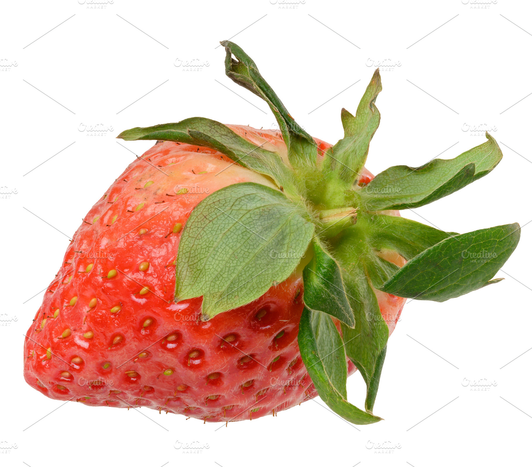Ripe red strawberry berry with green sepals and leaves, a Food & Drink Photo by ndanko