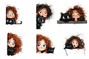 Quirky Girl and Cat Peeking Clipart, an Illustration by CreationArt (Thumbnail 2 of 6)