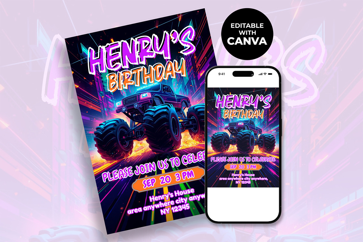 Monster Truck Birthday Invitation, an Invitation Template by M9 Design (Photo 2 of 4)