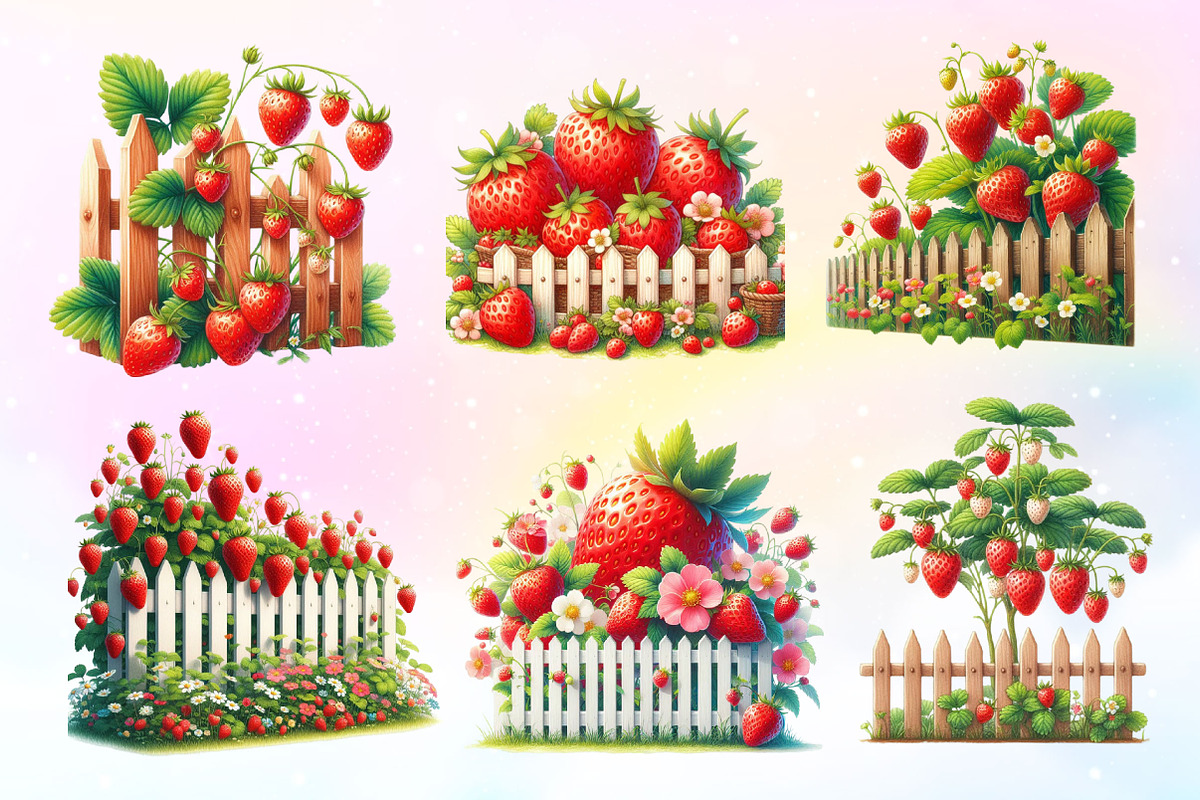 Watercolor Strawberry Fence Clipart, a Work Illustration by Dream Creation (Photo 2 of 3)