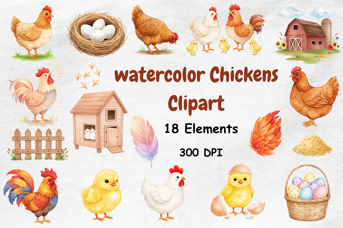 Watercolor Chickens Clipart, an Animal Illustration by BerryPieArt (Photo 1 of 4)