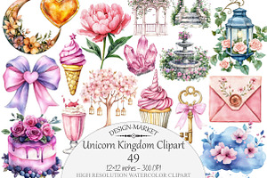 Watercolor Unicorn Kingdom Clipart, a Seasonal Illustration by Design Market