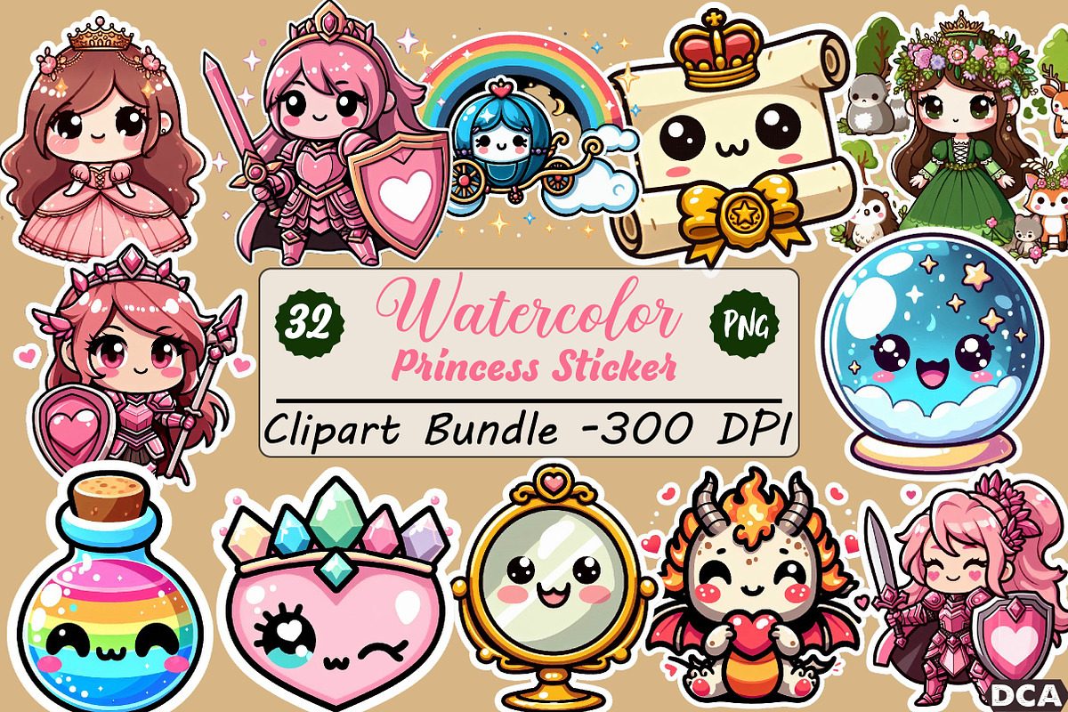Princess Sticker Clipart, an Illustration by DreamCafeArt (Photo 1 of 5)