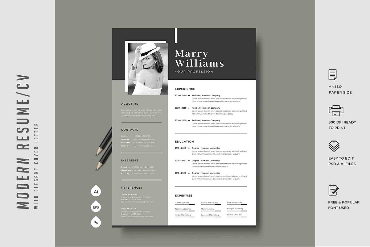 340. Modern Resume Template, a Stationery Template by CreativeRezwan (Photo 1 of 3)