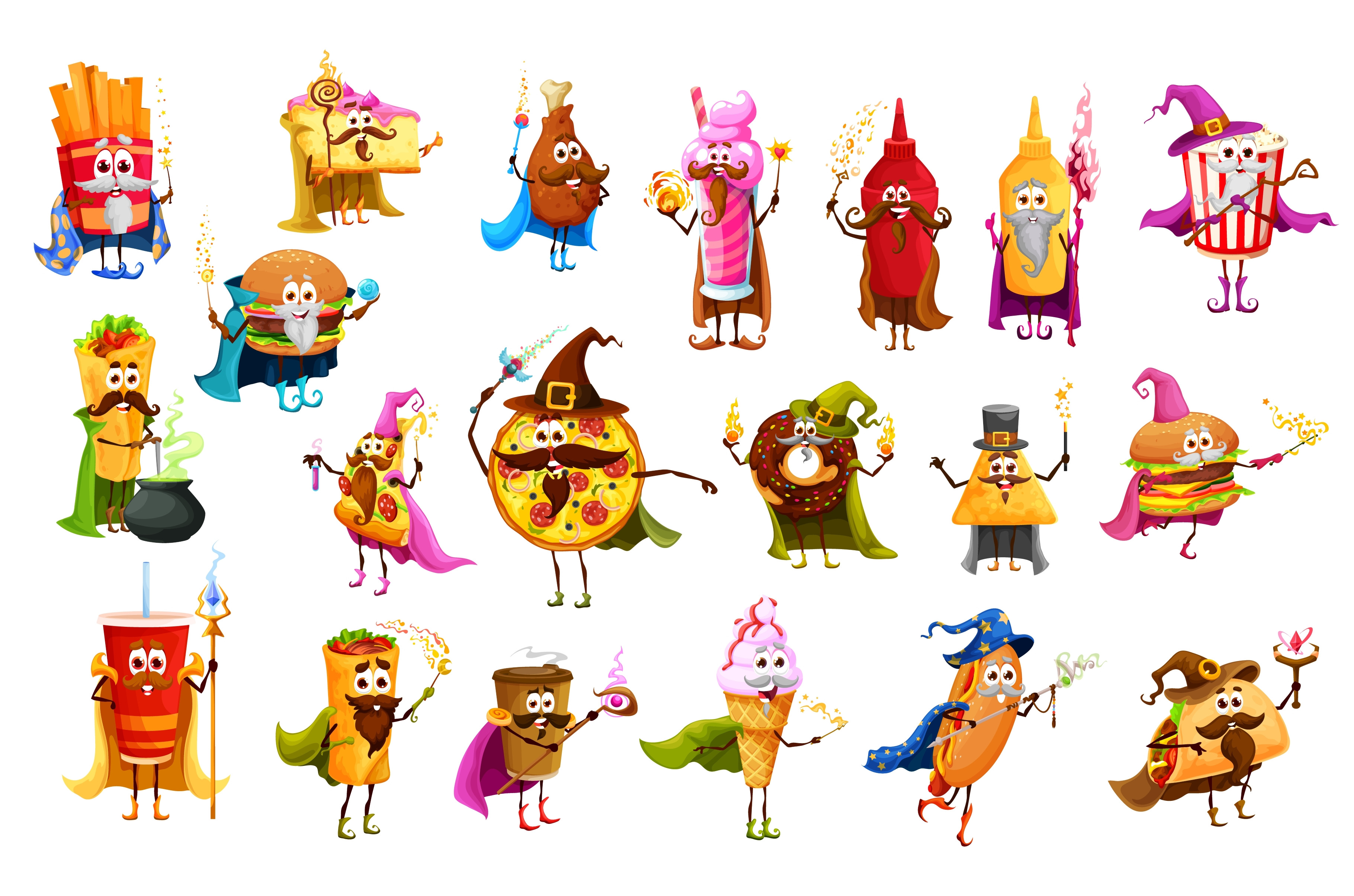 Cartoon fast food wizard characters, a Food Illustration by Vector ...