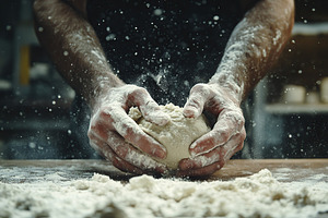 Hands skillfully kneading dough in white flour on a rustic wooden surface, a Food & Drink Photo by AlyaAnd