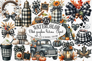Watercolor Black Gingham Autumn PNG, an Illustration by Designking