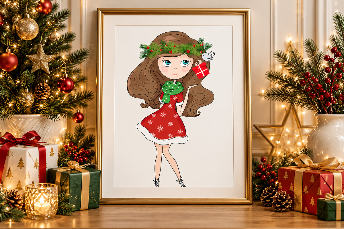 Cute girl vector. Christmas card., a Decorative Illustration by StudioLondon (Photo 3 of 3)