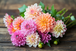 Vibrant pink, orange, and white dahlia bouquet arranged on a rustic wooden surf, a Nature Photo by AlyaAnd