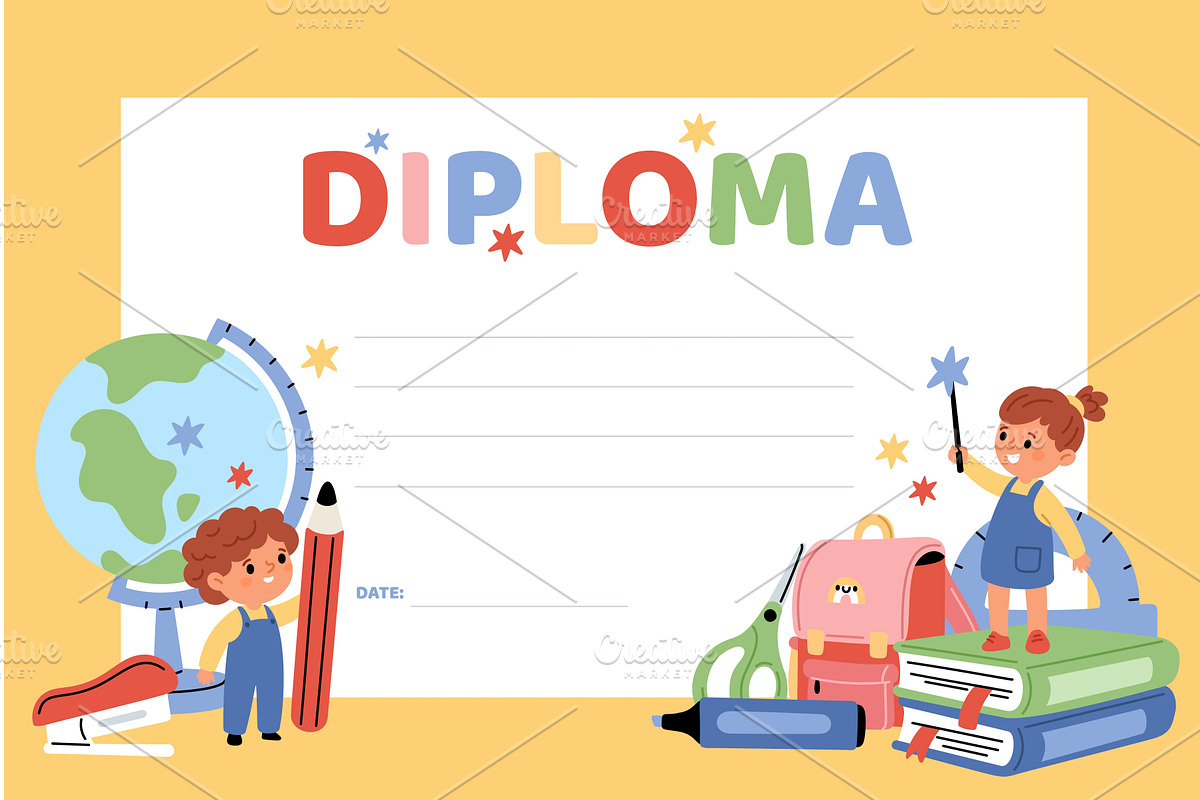 Kids school diploma template. Happy, an Object Illustration by YummyBuum