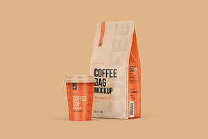 Coffee Pouch Half Side & Cup Mockup