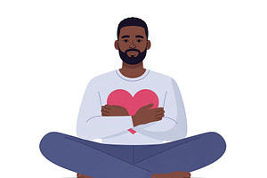 Man sitting cross-legged and holding a heart icon with his hands, a Healthcare Illustration by DanFLCreativo