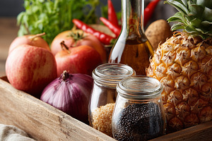 Fresh fruits, vegetables, seeds and, a Food & Drink Photo by MistyDay