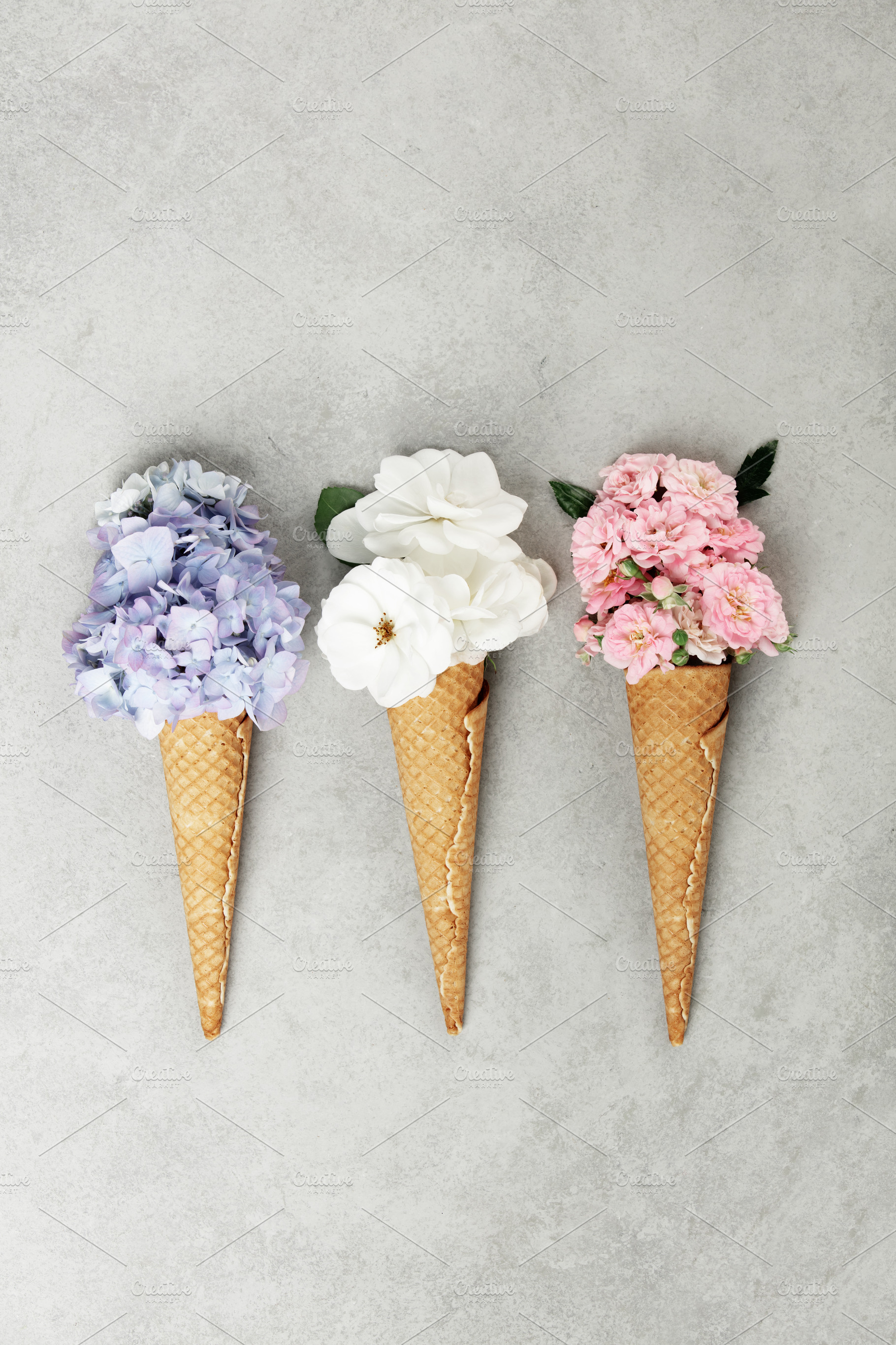 Colorful Flower Bouquets in Waffle Cones on Stone Background, a Beauty & Fashion Photo by Natalia Klenova's Shop