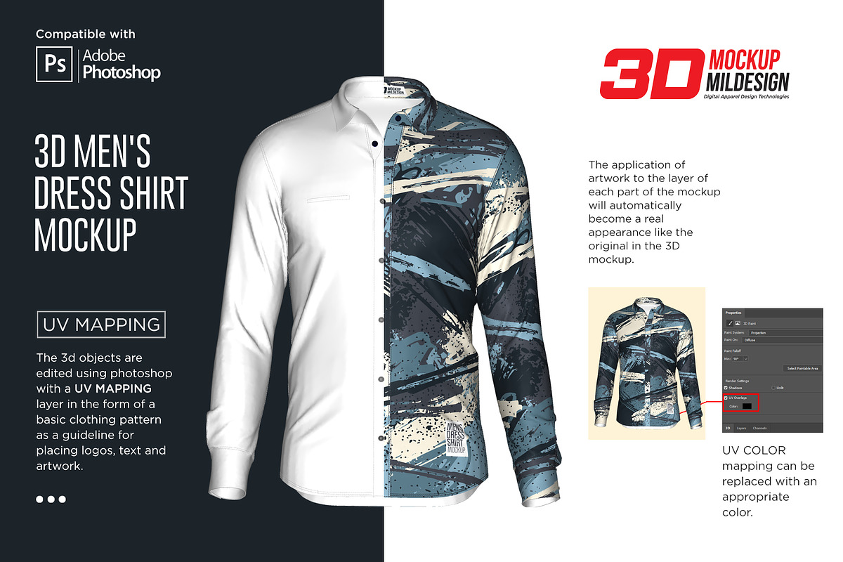 3D Men's  Dress Shirt LS Mockup, a Shirt Mockup by Mildstudio (Photo 3 of 14)
