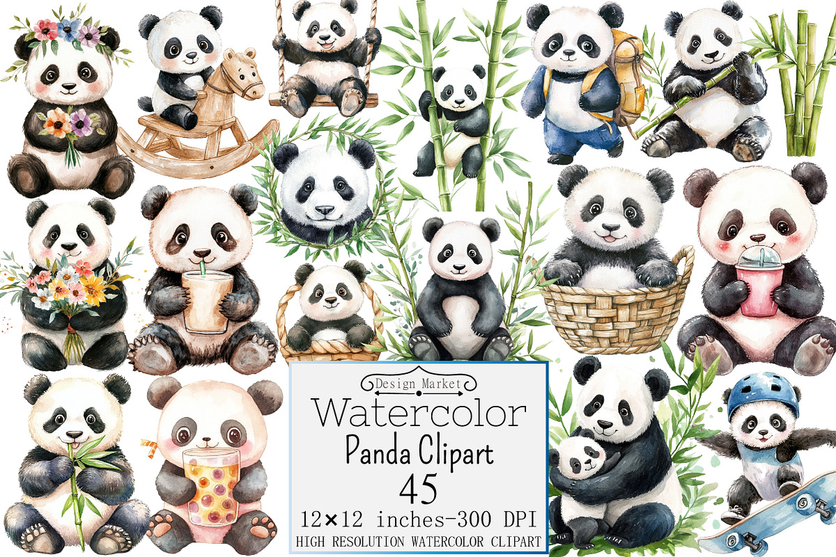 Watercolor Panda Clipart, a Seasonal Illustration by Design Market (Photo 1 of 5)