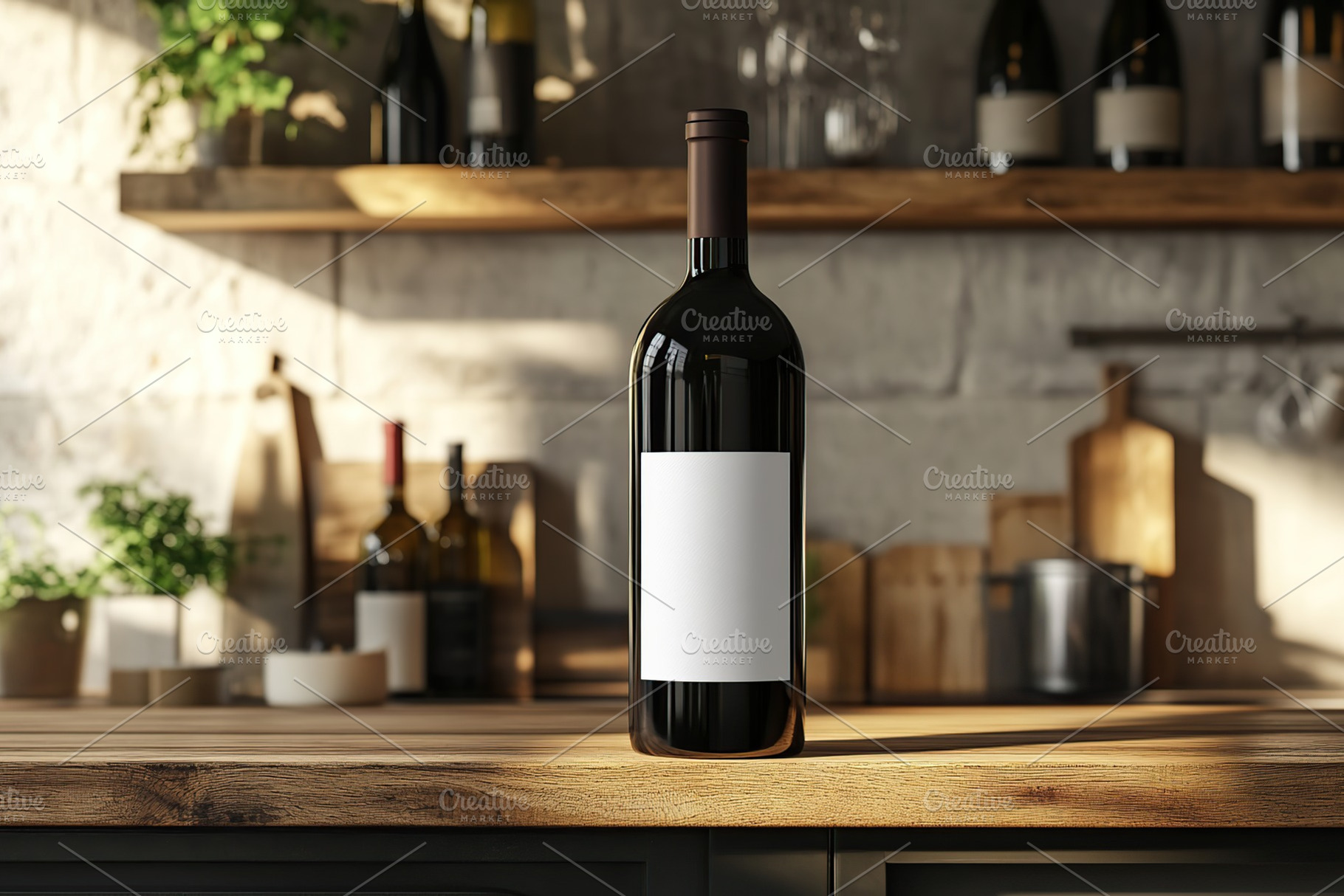 Blank wine bottle placed on wooden countertop in a modern kitchen setting, a Food & Drink Photo by AlyaAnd